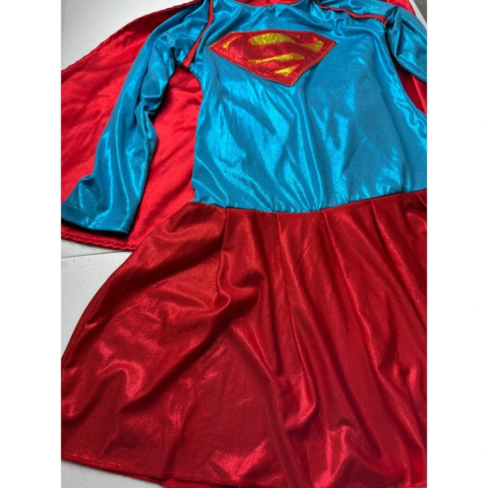 Supergirl Costume Dress with Attached Hooded Cape Blue Red Girls Superhero